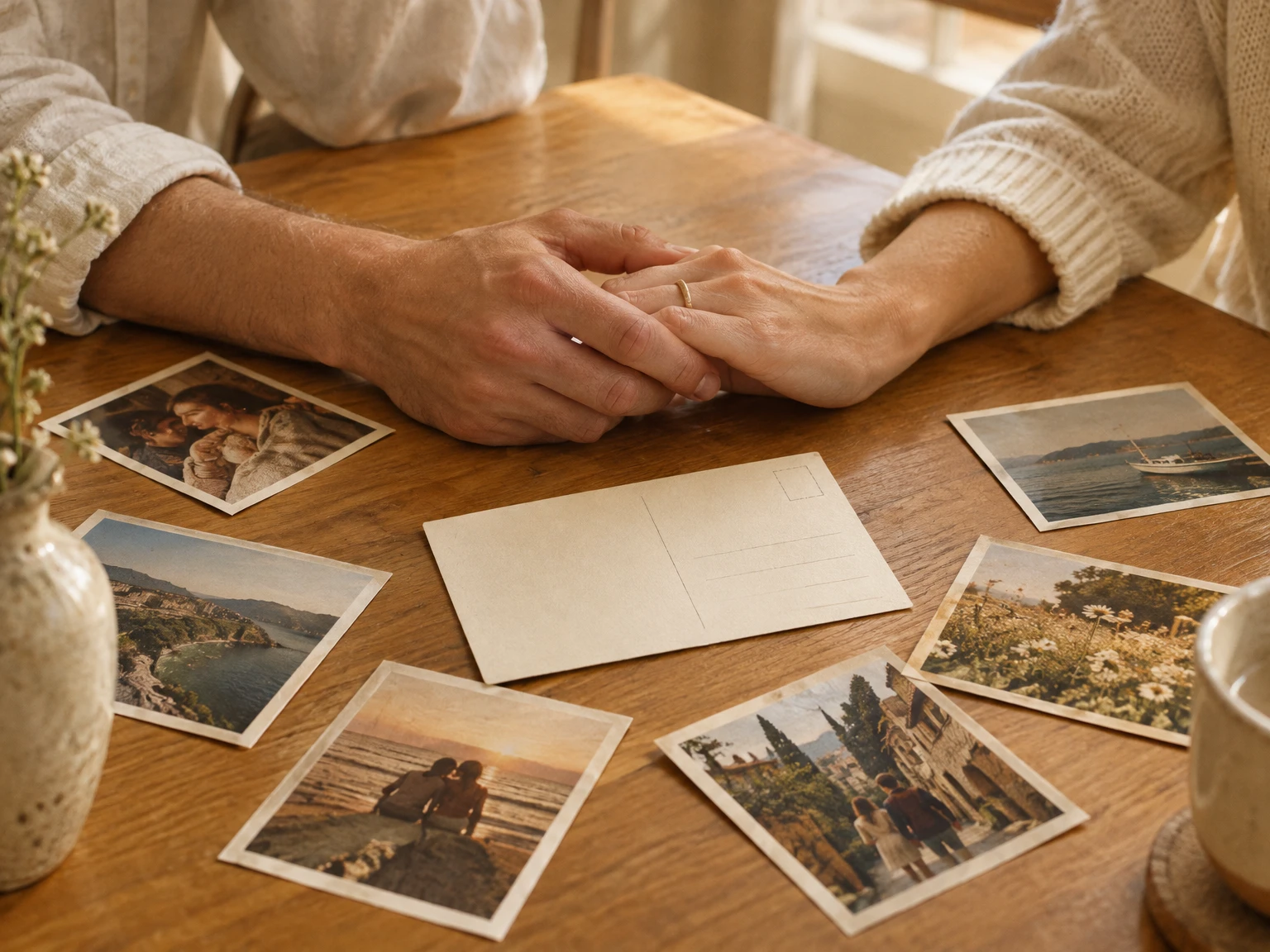 A couple holding hands at a sunlit table with photographs of their life together