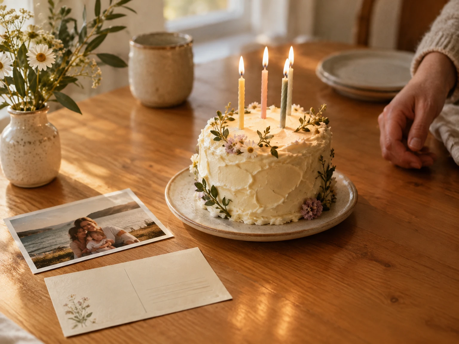 A birthday cake with candles beside a family photograph in warm afternoon light