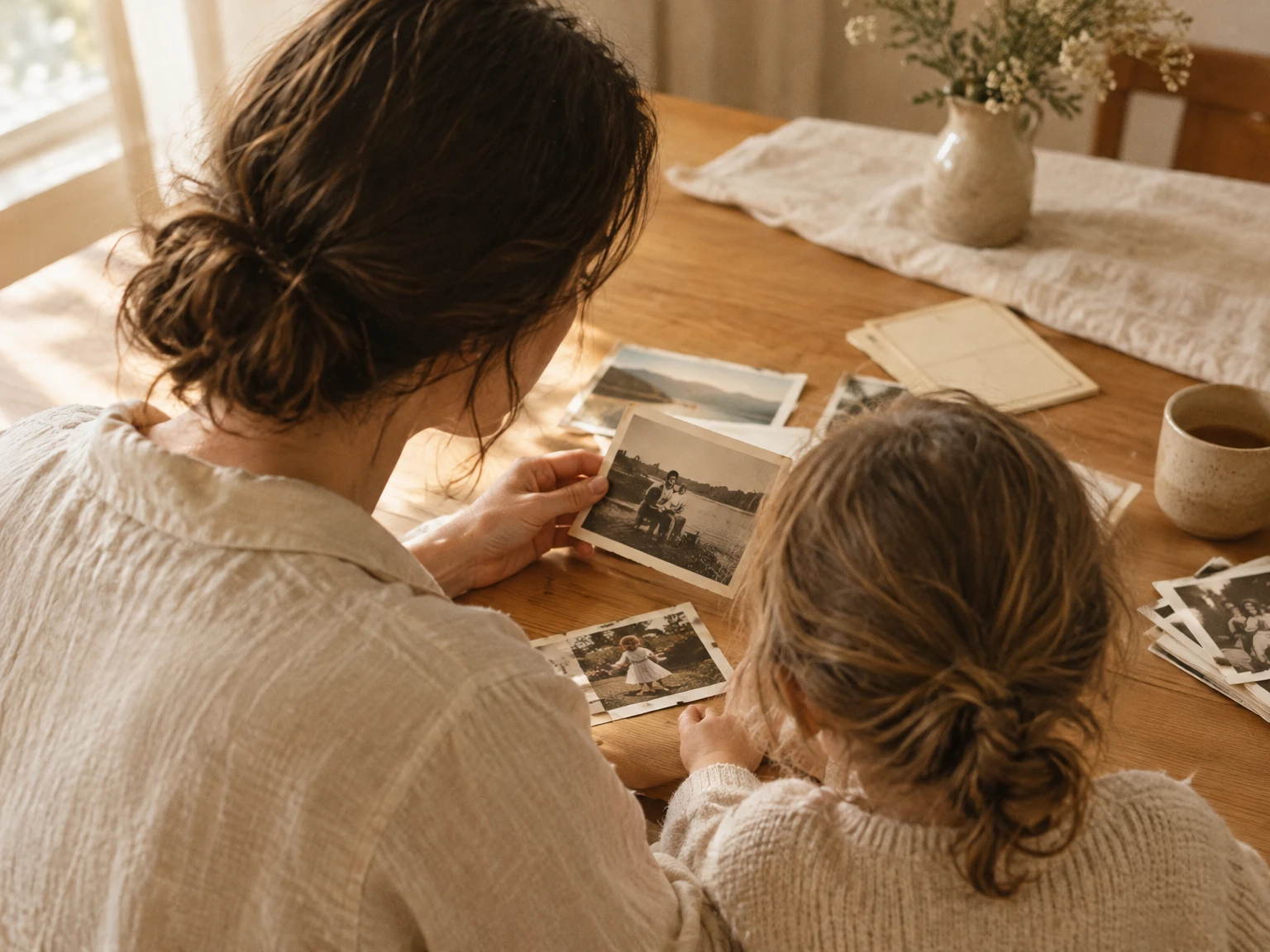 A parent and child looking through family photographs together at home