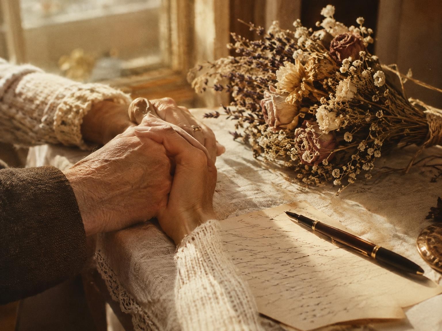 Two hands held beside dried flowers, a fountain pen and a handwritten letter