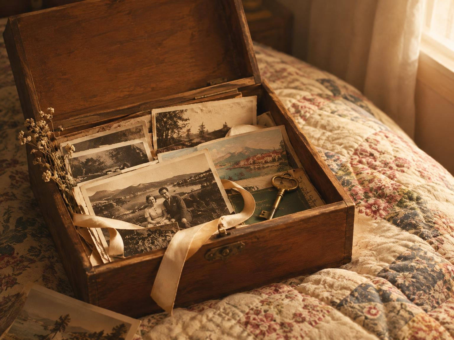 An open wooden keepsake box filled with old photographs, postcards and a brass key