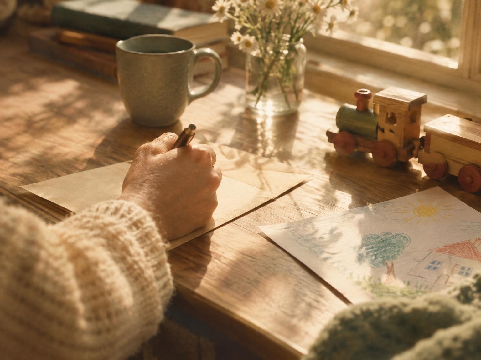 A parent writing a letter at a sunlit desk beside a child’s drawing and a wooden toy train