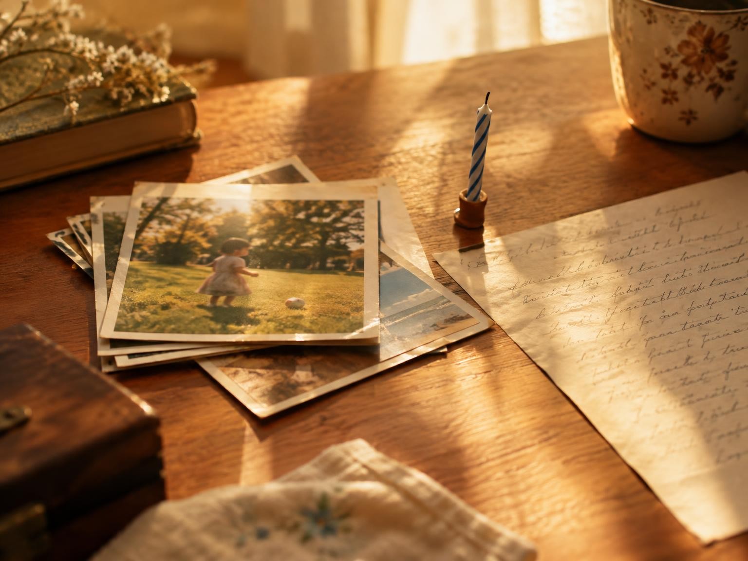 Childhood photographs, a birthday candle and a handwritten letter on a wooden desk