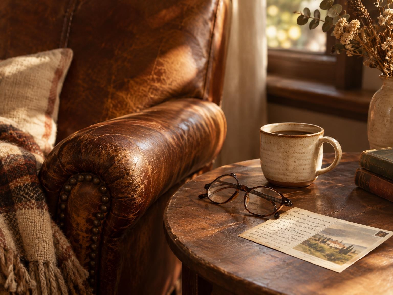 Reading glasses, a mug and a handwritten postcard on a side table beside a leather armchair