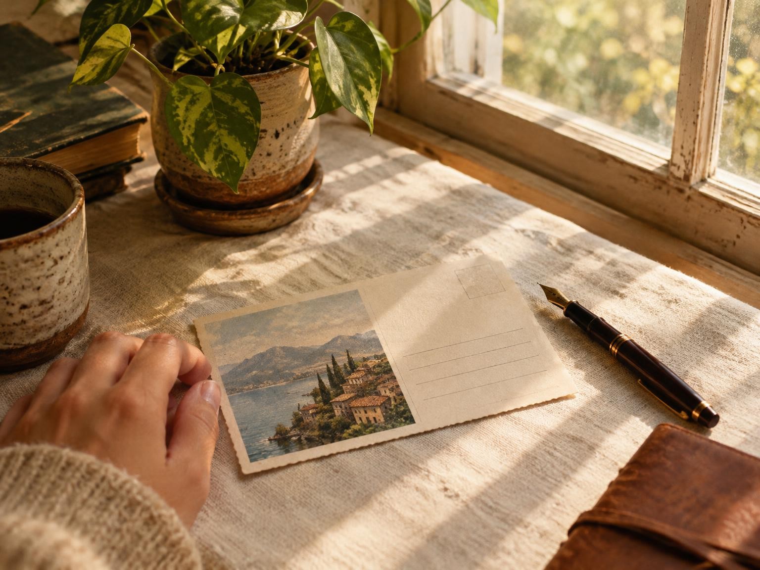 A handwritten postcard and fountain pen on cream linen beside a small plant in morning light