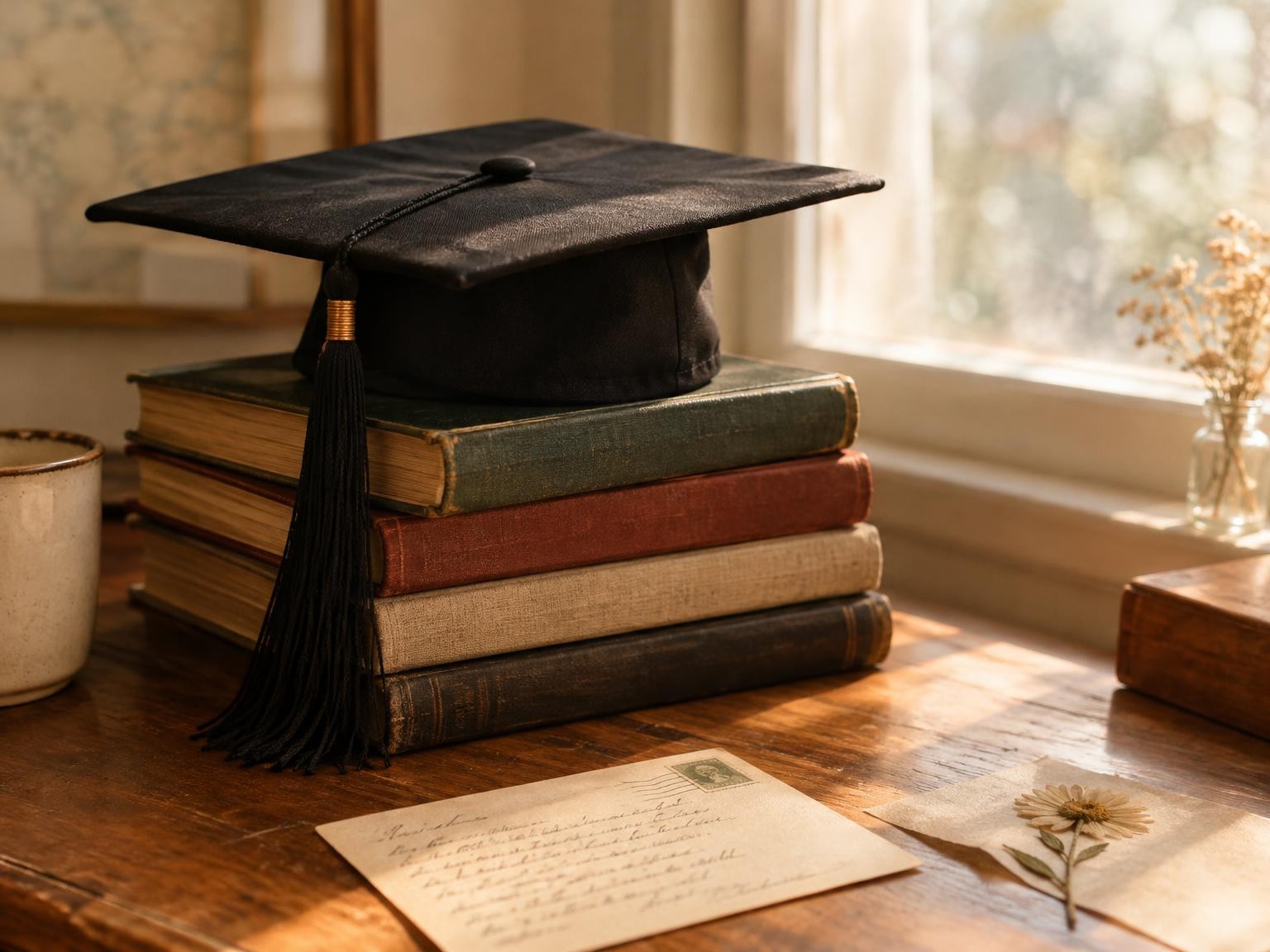 A graduation cap on a stack of books beside a handwritten postcard and a pressed flower