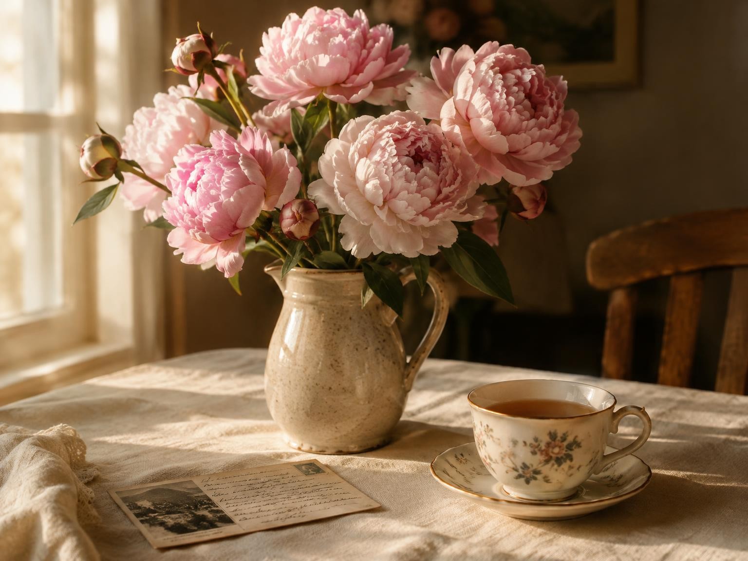 Pink peonies in a ceramic jug beside a handwritten postcard and a cup of tea