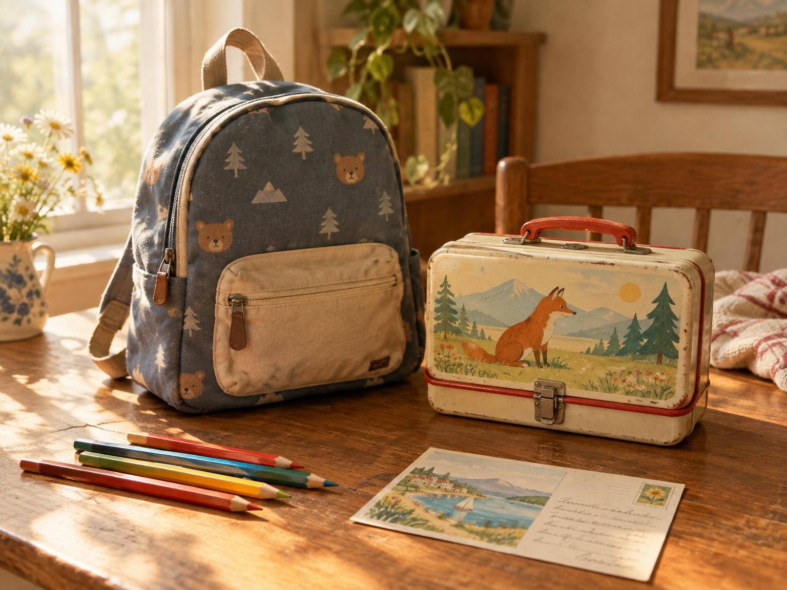 A small backpack, lunchbox and coloured pencils on a wooden table beside a handwritten postcard