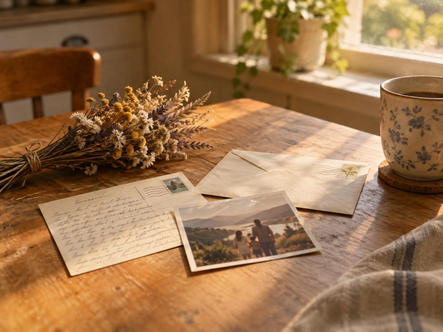 A handwritten postcard with a family photograph, an addressed envelope and dried flowers on a wooden table